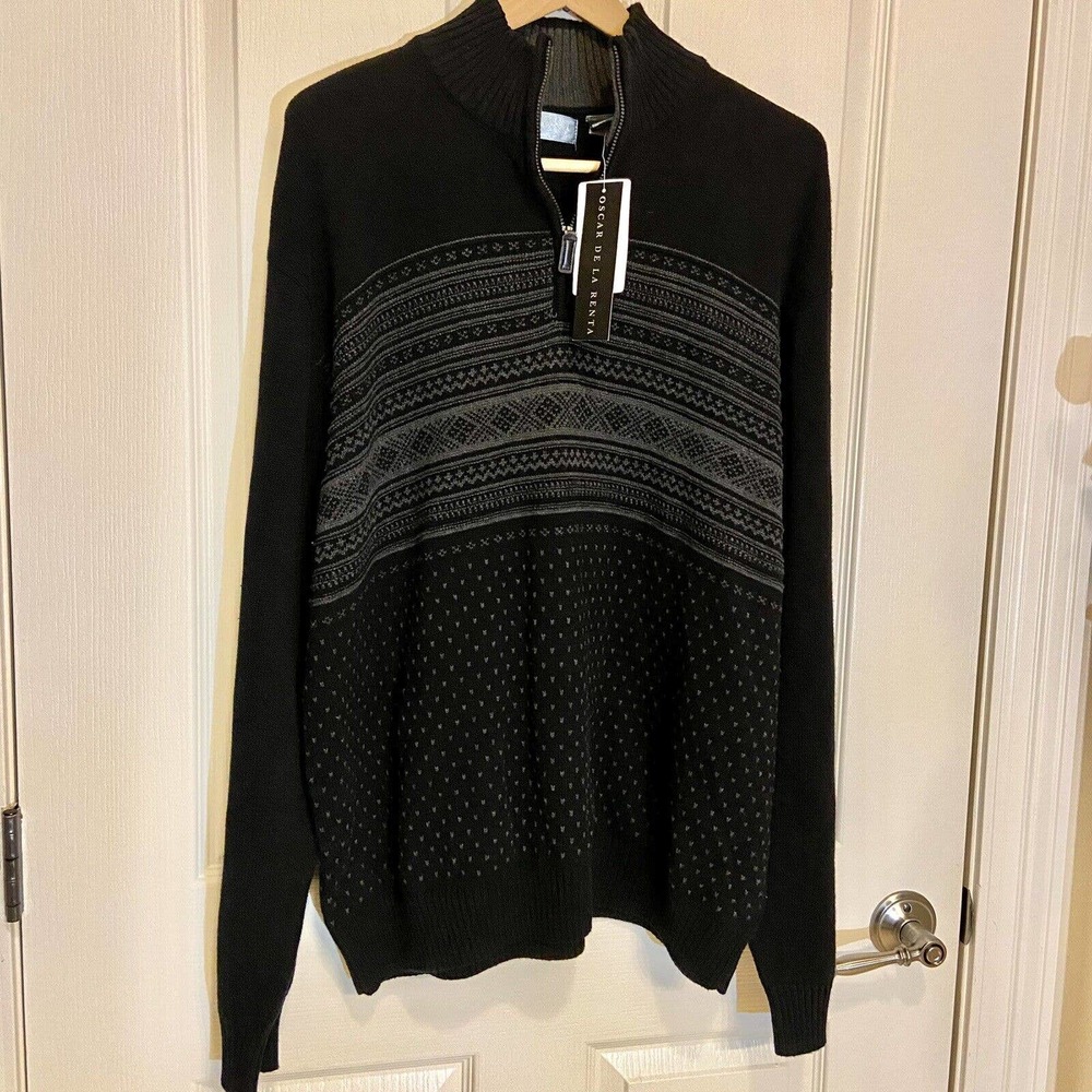 Oscar De La Renta Men X-Large Black 1/4 Zip Long Sleeve Ribbed Casual Sweater